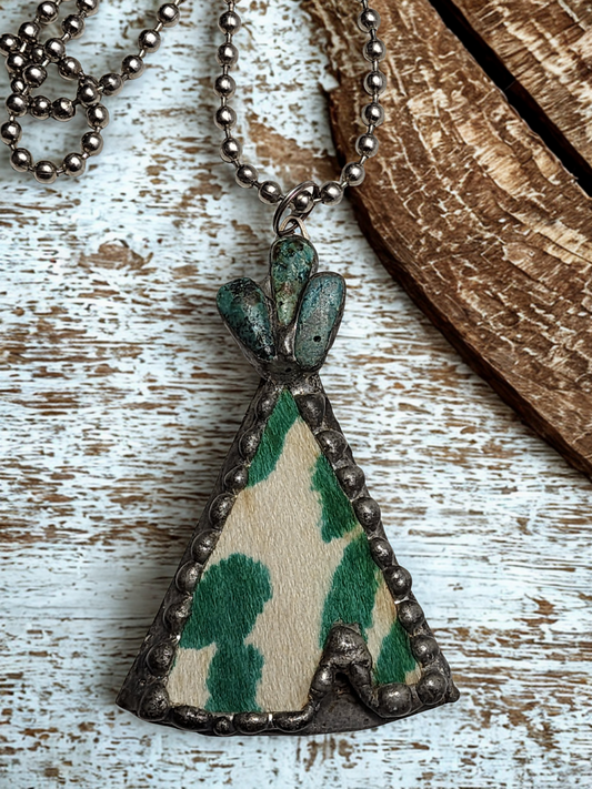 Green Cowhide Teepee Pendant Necklace