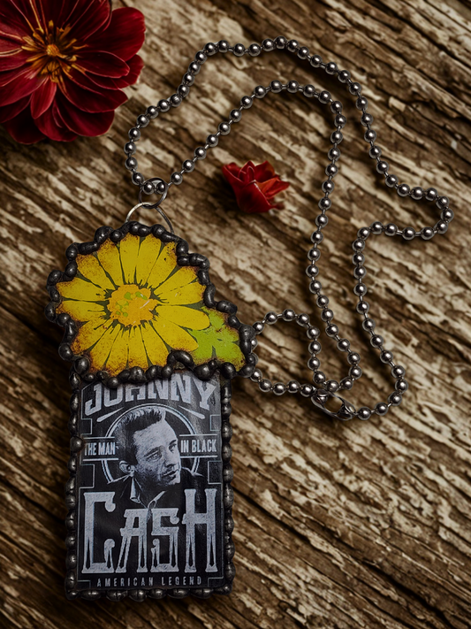 Johnny Cash ‘Man in Black’ Pendant Necklace with Yellow Flower Accent